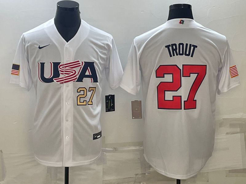 Men 2023 World Cub USA #27 Trout White Nike MLB Jersey2